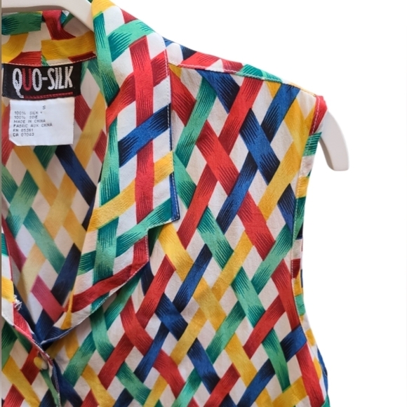 Vintage Quo-Silk 100% Silk Sleeveless Blouse in Colourful Retro Pattern - S/M - Picture 4 of 5